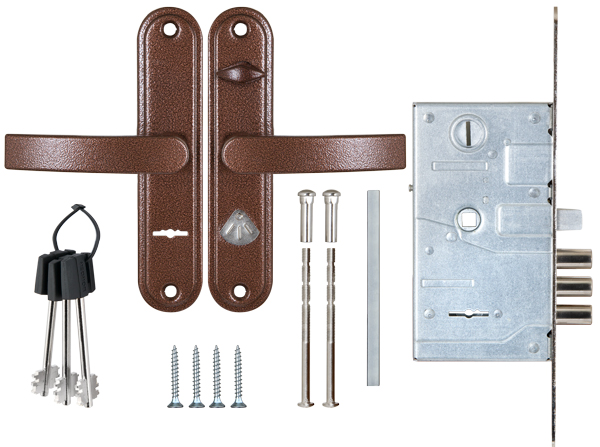 Замок Sam (Сам) врезной сувальдный с защёлкой в компл с ручкой ЗВ9-8.3/13(КЛП5-85) лев (медн ант), 3 кл/88011/