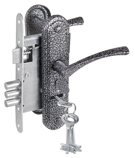 Замок Zenit (Зенит) врезной сувальдный с защёлкой в комплекте с ручкой ЗВ9-4-2 (серебро), 3кл.