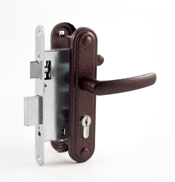 Замок Omega (Омега) врезной цилиндровый с защёлкой в комплекте с ручкой ЗВ7.02 (медь), 4 кл.