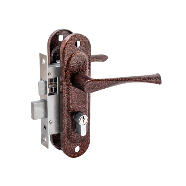 Замок Zenit (Зенит) врезной цилиндровый с защёлкой в комплекте с ручкой ЗВ4-50.01 (медь), 5 кл.