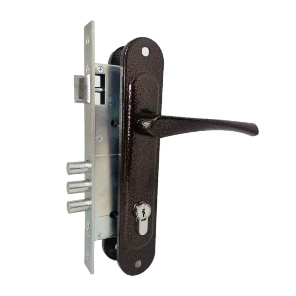 Замок Absolyute (Абсолют) врезной цилиндровый с защёлкой в комплекте с ручкой ЗВ4-85/07 (медь антик), 4 кл.