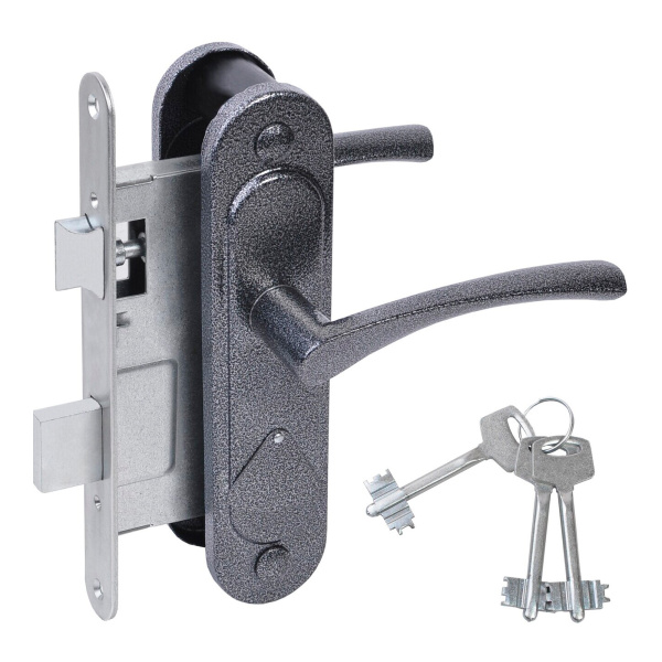 Замок Absolyute (Абсолют) врезной сувальдный с защёлкой в комплекте с ручкой ЗВ9.2-07 (серебро антик), 3 кл.