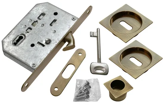 Комплект ручек для раздвижных дверей MHS-2 L AB с замком, цвет античная бронза, ЦАМ